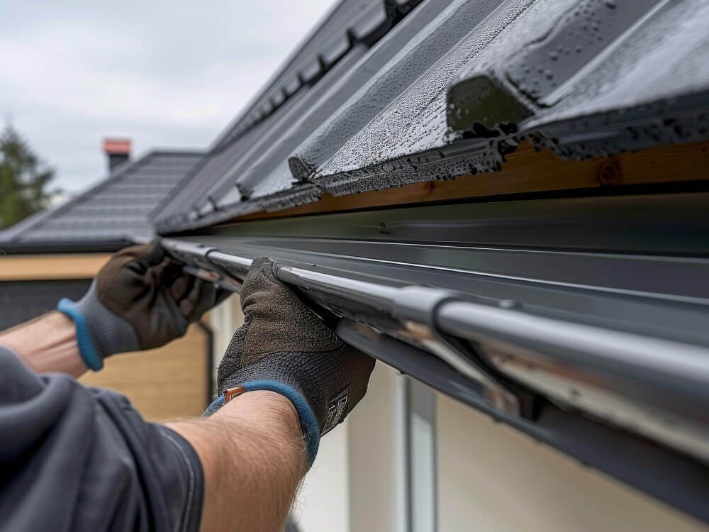 A professional contractor installing seamless gutters on a residential home
